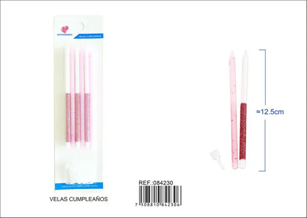 Velas de cumpleaños altas rosas con escarcha 12 piezas