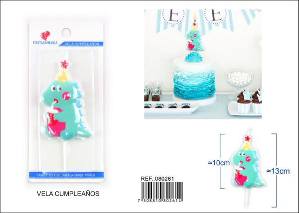 Vela de cumpleaños de dinosaurio azul