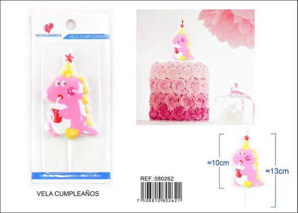Vela de cumpleaños de dinosaurio rosa