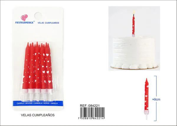 Velas de cumpleaños rojas con corazones blancos 10 piezas
