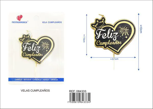 Vela de cumpleaños frase Feliz Cumpleaños corazón negro con dorado