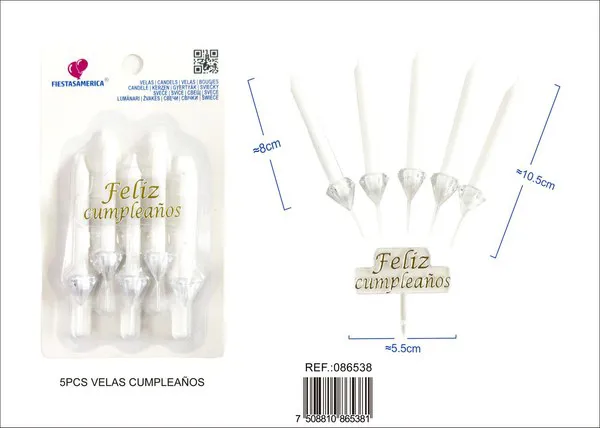 Velas de cumpleaños blancas con letrero Feliz Cumpleaños (5 piezas)