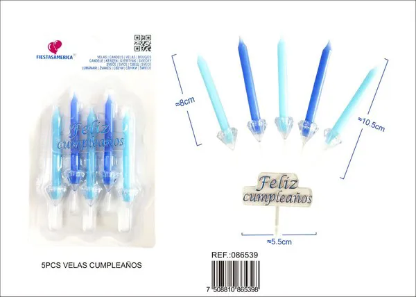 Velas de cumpleaños azules con letrero Feliz Cumpleaños (5 piezas)