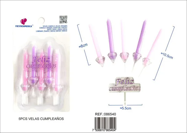 Velas de cumpleaños rosa y lila con letrero Feliz Cumpleaños (5 piezas)