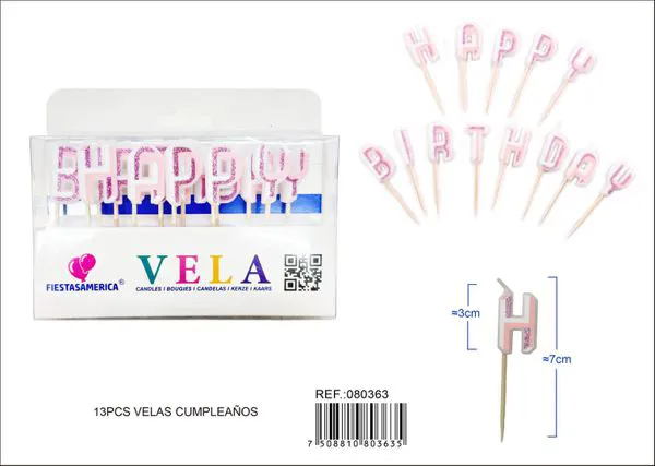 Velas de cumpleaños letras Happy Birthday rosa con escarcha