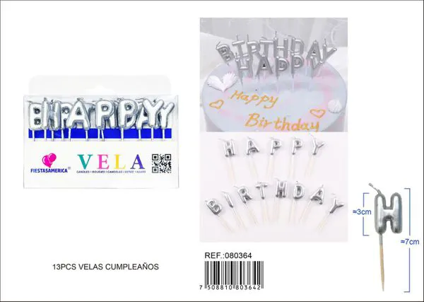 Velas de cumpleaños letras Happy Birthday plateadas