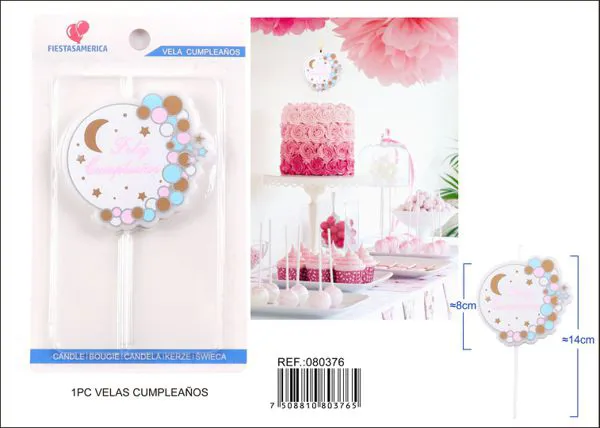 Vela de cumpleaños frase Feliz Cumpleaños con luna y estrellas pastel