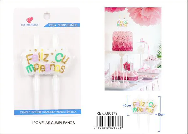 Vela de cumpleaños frase Feliz Cumpleaños multicolor con escarcha