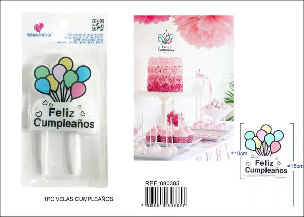 Vela de cumpleaños frase Feliz Cumpleaños con globos de colores