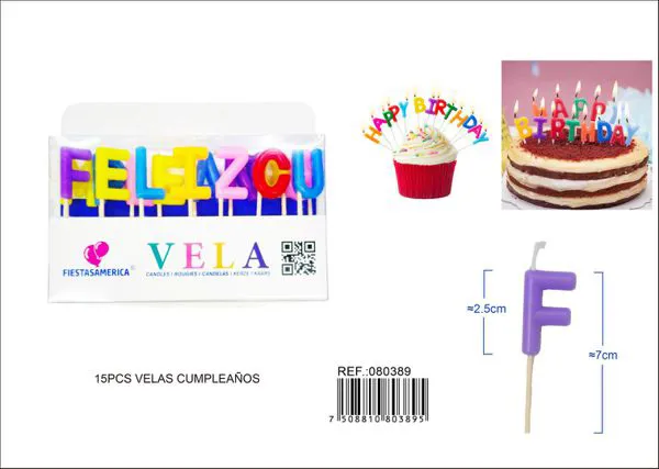 Velas de cumpleaños letras Feliz Cumpleaños multicolor (15 piezas)