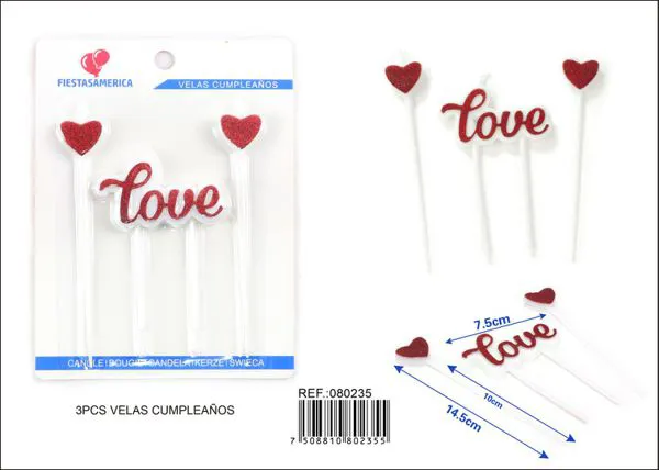 Vela de cumpleaños palabra Love roja con dos corazones y escarcha