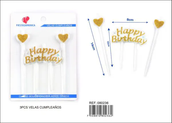 Vela de cumpleaños frase Happy Birthday dorada con dos corazones