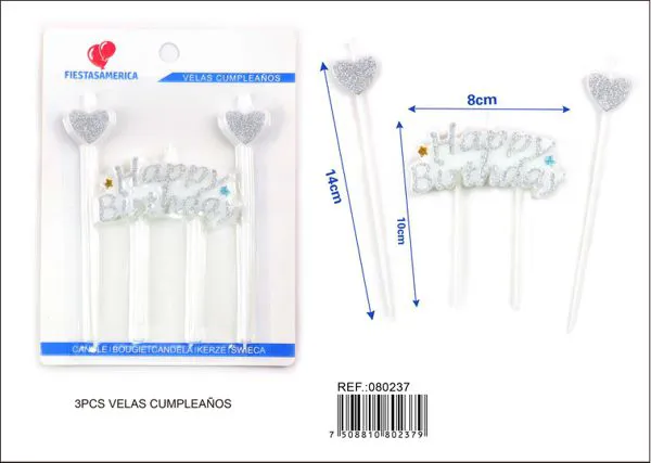 Vela de cumpleaños frase Happy Birthday plateada con dos corazones