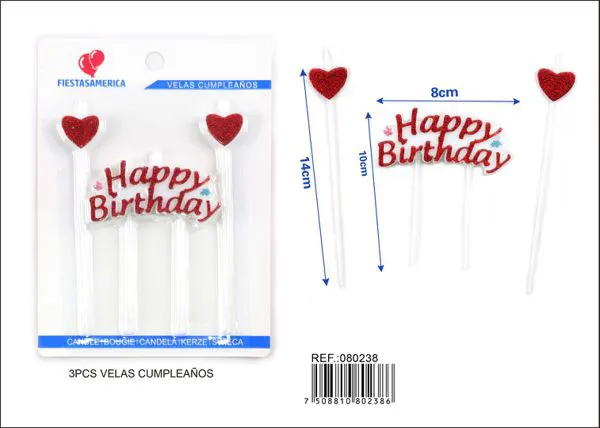 Vela de cumpleaños frase Happy Birthday roja con dos corazones
