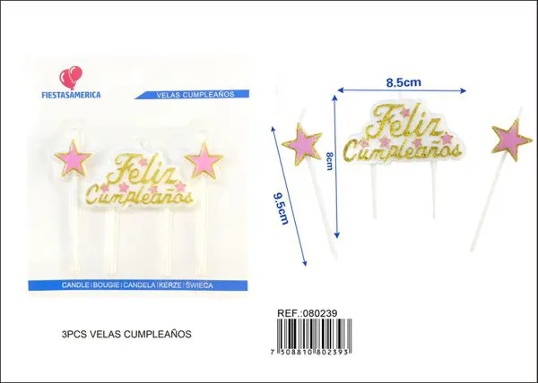 Vela de cumpleaños frase Feliz Cumpleaños dorada con dos estrellas rosas
