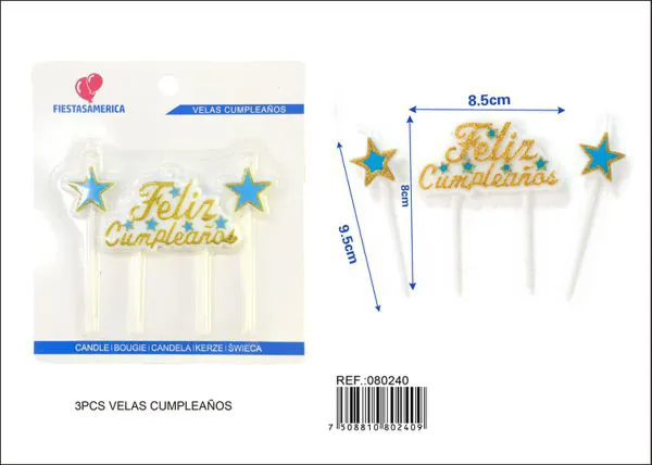 Vela de cumpleaños frase Feliz Cumpleaños dorada con dos estrellas azules