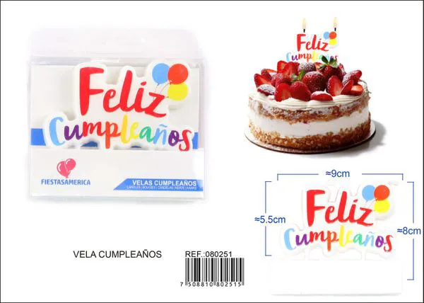 Vela de cumpleaños frase Feliz Cumpleaños multicolor con globos
