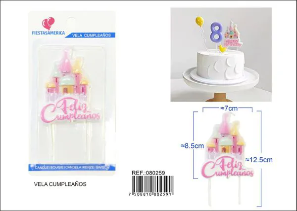 Vela de cumpleaños frase Feliz Cumpleaños con castillo pastel