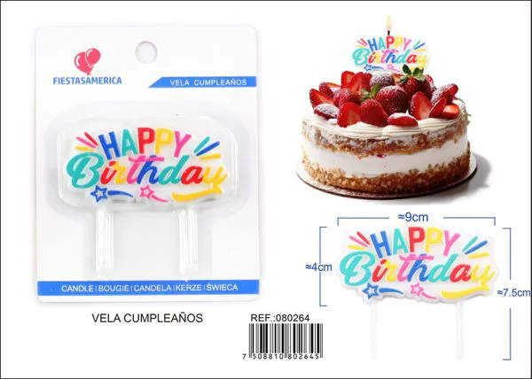 Vela de cumpleaños frase Happy Birthday multicolor