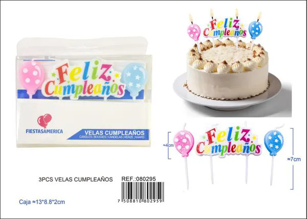 Vela de cumpleaños frase Feliz Cumpleaños con globos azul y rosa