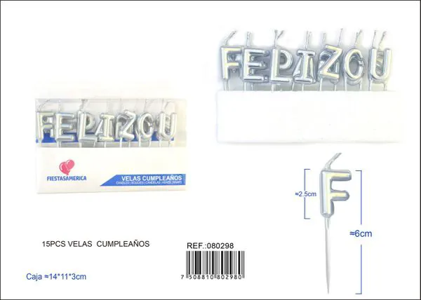 Velas de cumpleaños letras Feliz Cumpleaños plateadas (15 piezas)