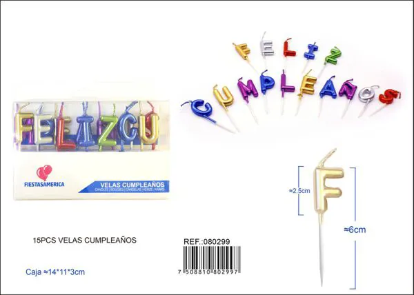 Velas de cumpleaños letras Feliz Cumpleaños multicolor metálico (15 piezas)