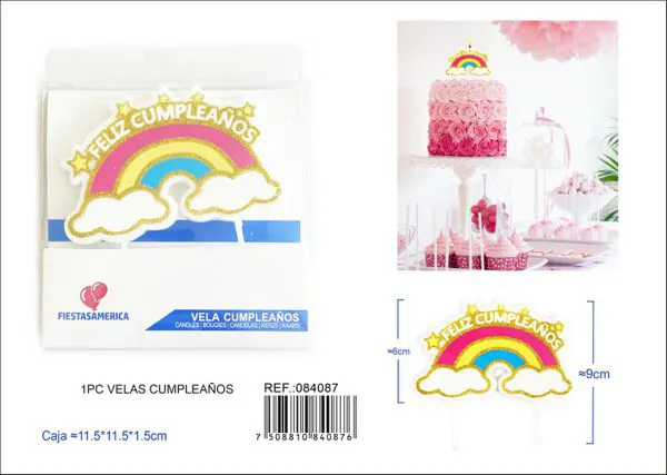 Vela de cumpleaños frase Feliz Cumpleaños con arcoíris y nubes