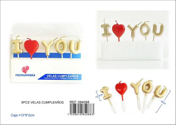 Velas de cumpleaños letras I Love You con corazón rojo