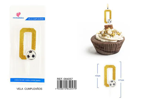 Vela de cumpleaños número 0 de fútbol dorada con escarcha