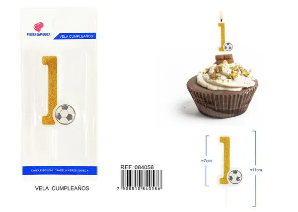 Vela de cumpleaños número 1 de fútbol dorada con escarcha