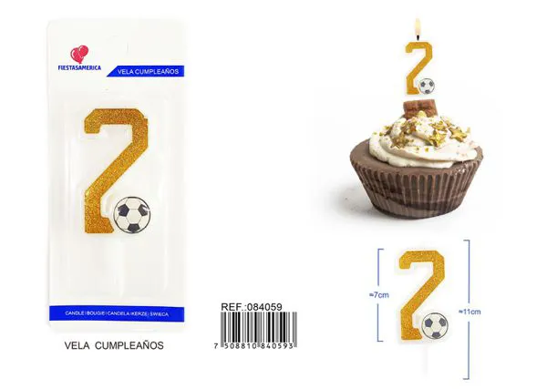 Vela de cumpleaños número 2 de fútbol dorada con escarcha