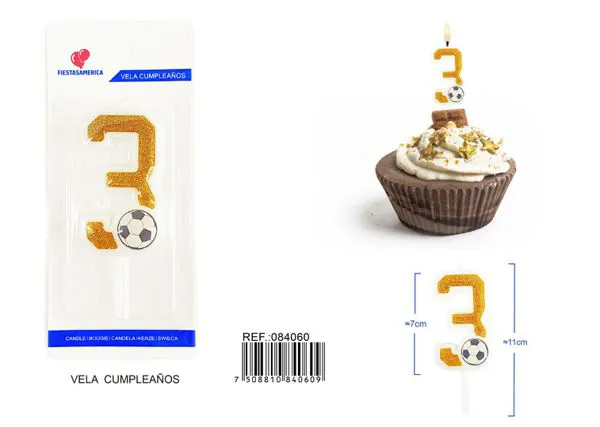 Vela de cumpleaños número 3 de fútbol dorada con escarcha y balón