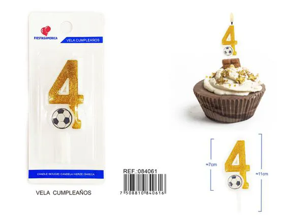 Vela de cumpleaños número 4 de fútbol dorada con escarcha y balón