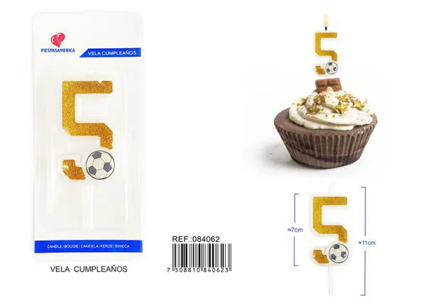 Vela de cumpleaños número 5 de fútbol dorada con escarcha y balón