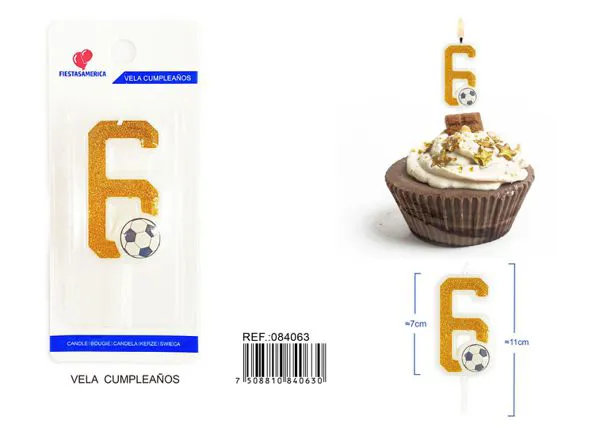 Vela de cumpleaños número 6 de fútbol dorada con escarcha y balón