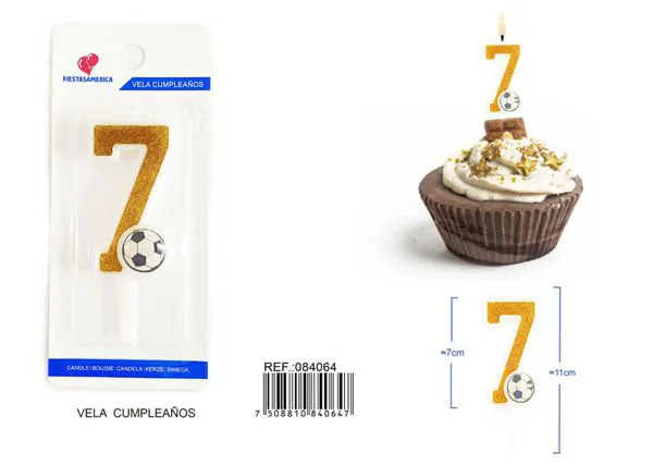 Vela de cumpleaños número 7 de fútbol dorada con escarcha y balón