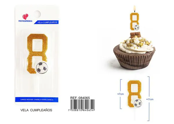 Vela de cumpleaños número 8 de fútbol dorada con escarcha y balón