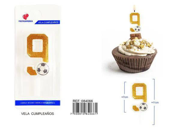 Vela de cumpleaños número 9 de fútbol dorada con escarcha y balón
