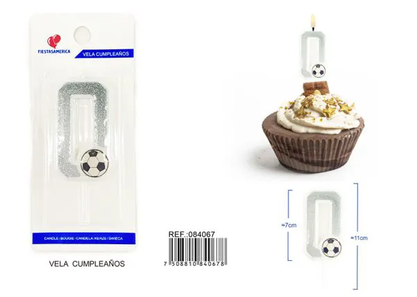 Vela de cumpleaños número 0 de fútbol plateada con escarcha y balón