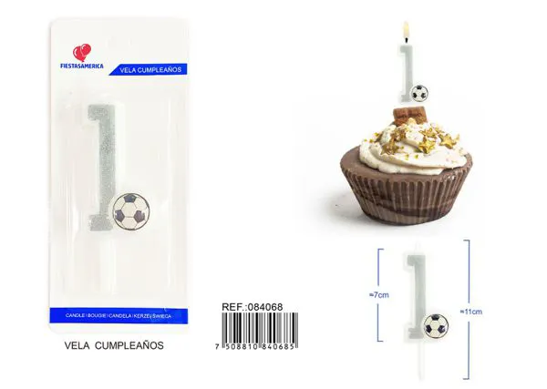 Vela de cumpleaños número 1 de fútbol plateada con escarcha y balón