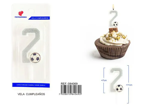 Vela de cumpleaños número 2 de fútbol plateada con escarcha y balón
