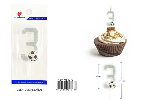 Vela de cumpleaños número 3 de fútbol plateada con escarcha y balón