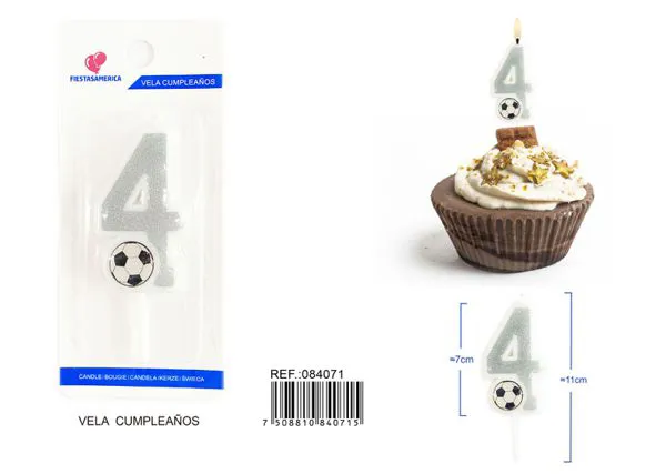 Vela de cumpleaños número 4 de fútbol plateada con escarcha y balón