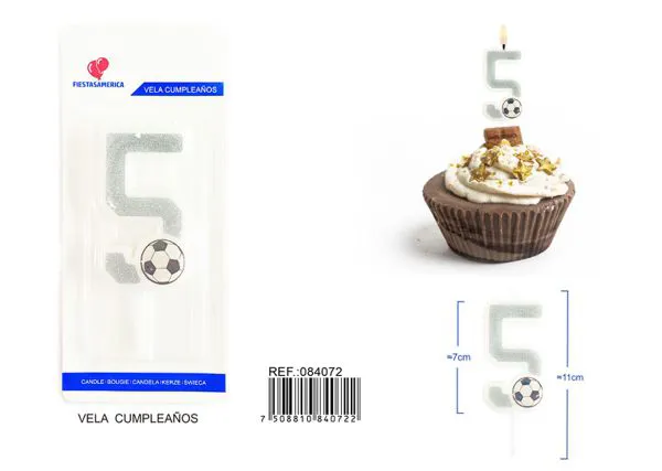 Vela de cumpleaños número 5 de fútbol plateada con escarcha y balón