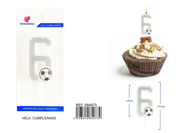 Vela de cumpleaños número 6 de fútbol plateada con escarcha y balón