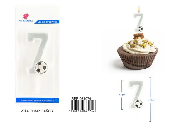 Vela de cumpleaños número 7 de fútbol plateada con escarcha y balón