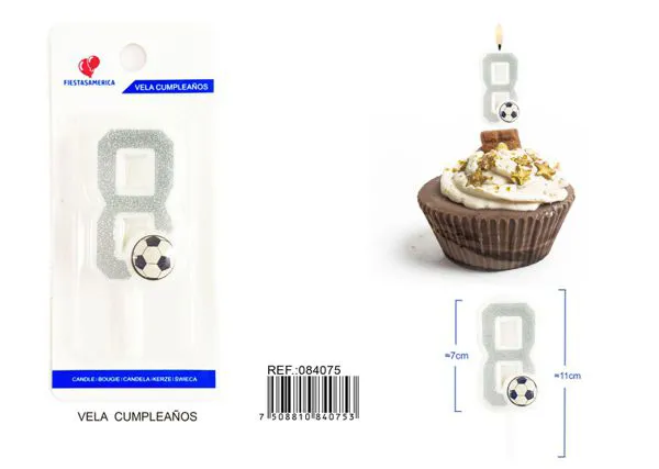 Vela de cumpleaños número 8 de fútbol plateada con escarcha y balón
