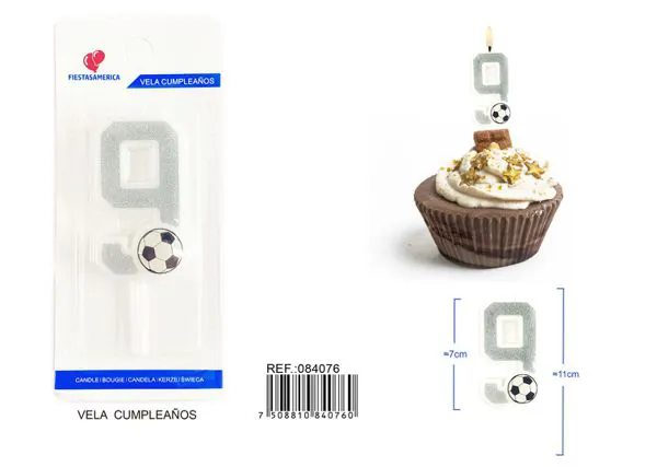 Vela de cumpleaños número 9 de fútbol plateada con escarcha y balón