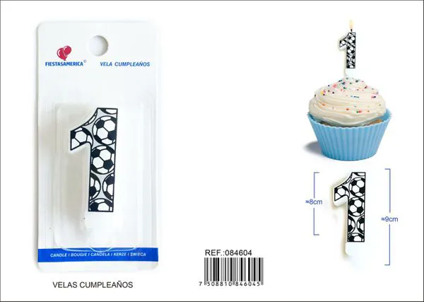 Vela de cumpleaños número 1 de fútbol negra con estampado de balón