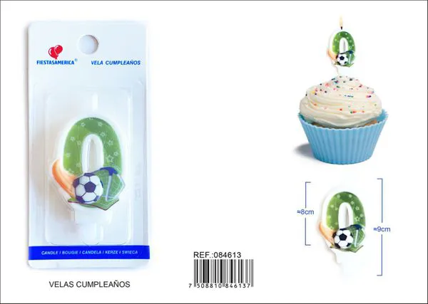 Vela de cumpleaños número 0 de fútbol verde con balón y estrellas